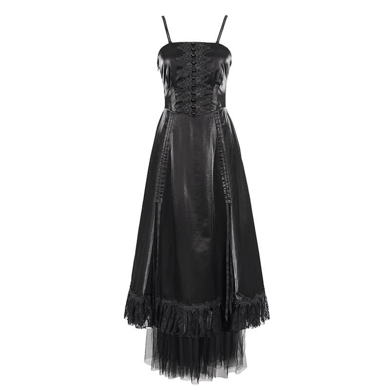 Elegant women's black gothic slip dress with lace splices and straps, perfect for vintage-inspired outfits.