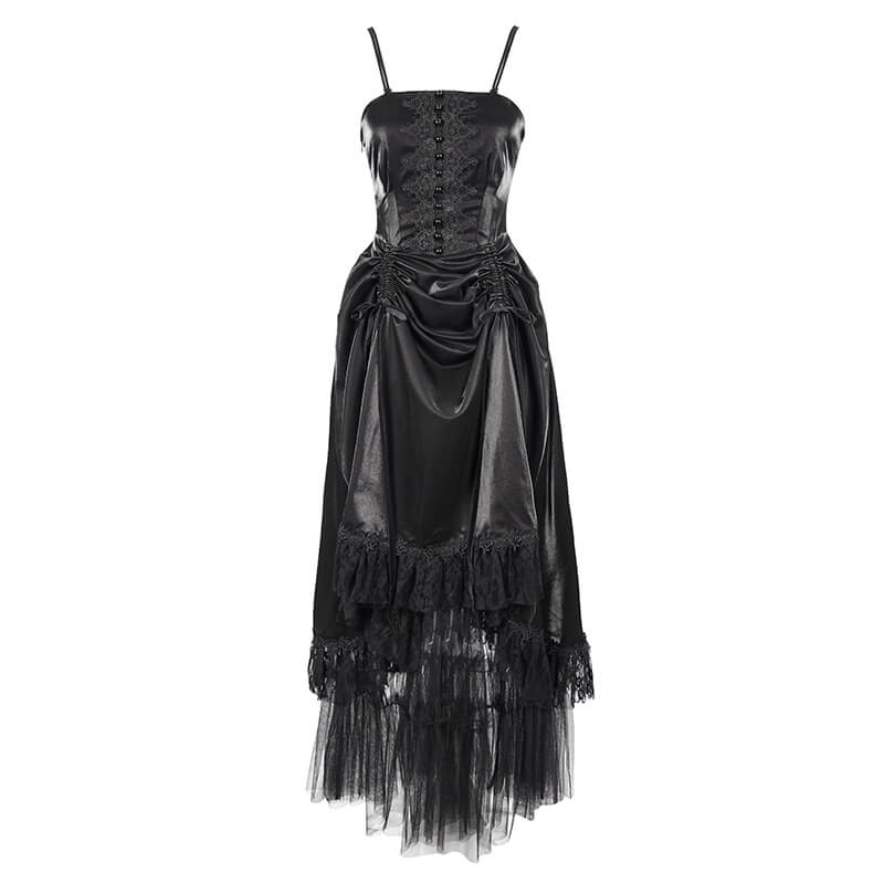 Elegant women's black gothic slip dress with lace splice and drawstring, perfect for vintage styling.