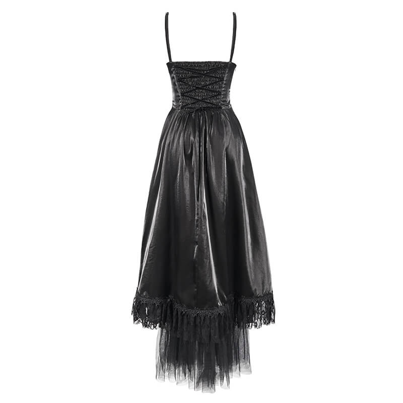 Women's Black Drawstring Lace Splice Slip Dress / Long Dress with Straps in Gothic Style Women's Black Drawstring Lace Splice Slip Dress / Long Dress with Straps in Gothic Style
