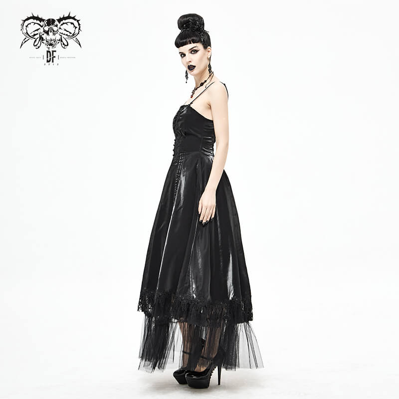 Gothic women's black drawstring lace splice slip dress with straps and elegant design.