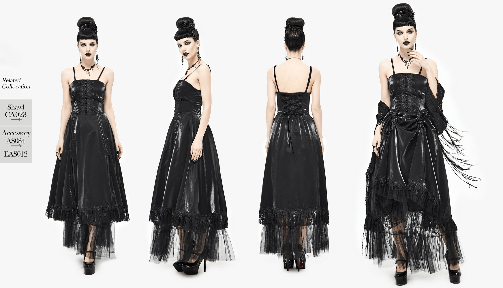 Women's gothic black lace splice slip dress with straps, featuring a vintage style and elegant silhouette.