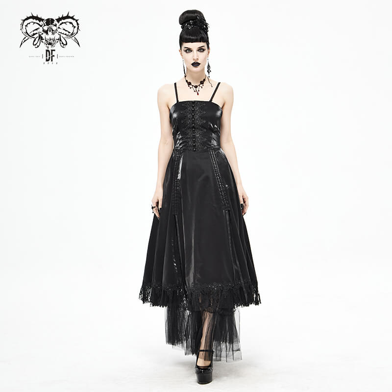 Elegant women's black Gothic dress with lace detailing and straps, perfect for vintage style outfits.