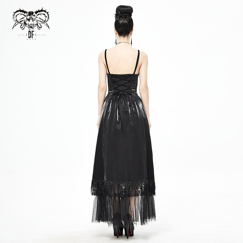 Back view of a women's black Gothic lace splice slip dress with drawstring, showcasing vintage style elegance.
