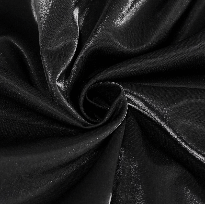 Close-up of luxurious black fabric showcasing its soft, shiny texture, perfect for gothic-style clothing.