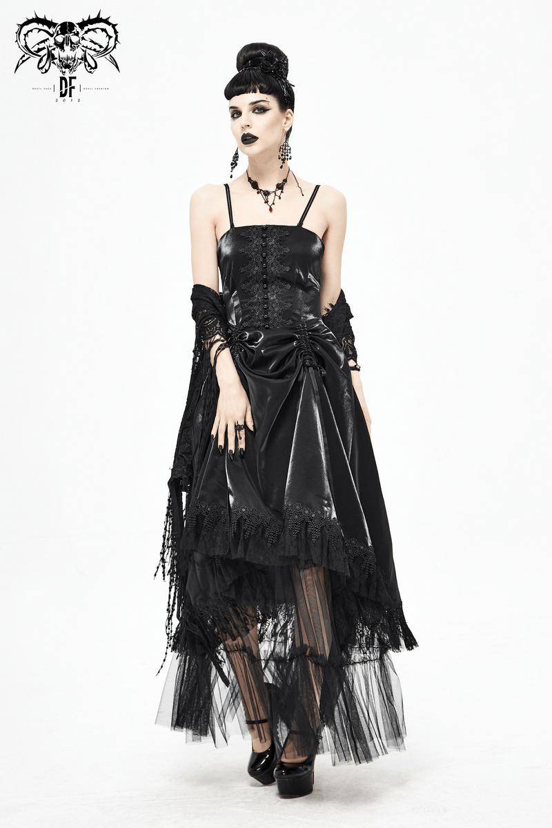 Elegant women's black gothic dress with lace and slip details, perfect for vintage and stylish outfits.