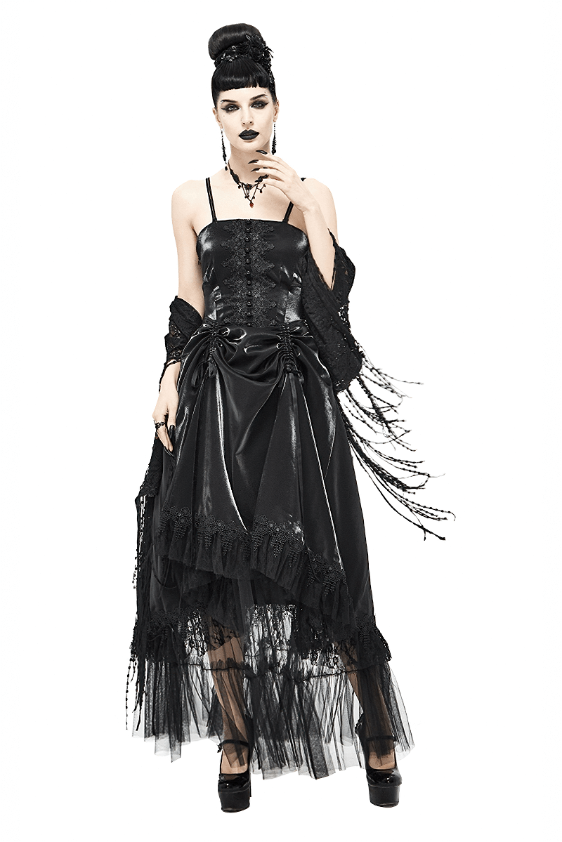 Women's Black Drawstring Lace Splice Slip Dress / Long Dress with Straps in Gothic Style - HARD'N'HEAVY