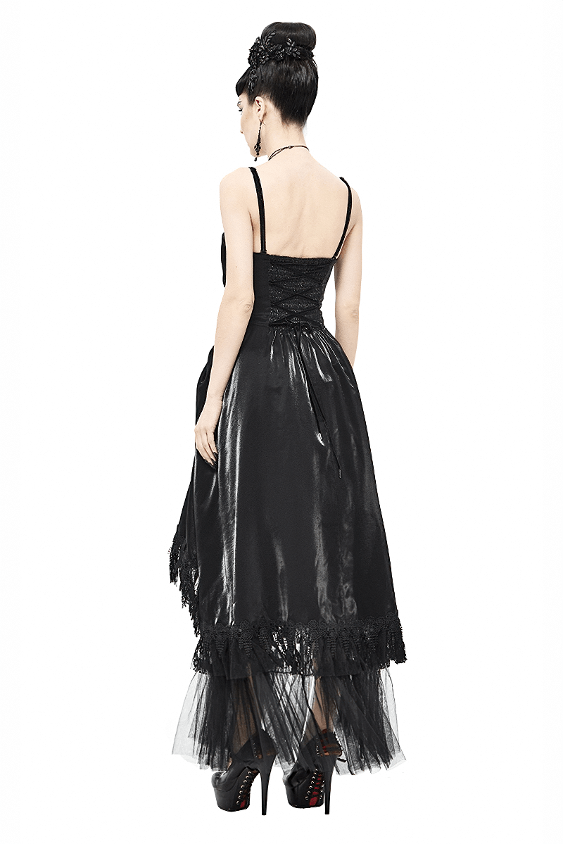 Women's Black Drawstring Lace Splice Slip Dress / Long Dress with Straps in Gothic Style - HARD'N'HEAVY