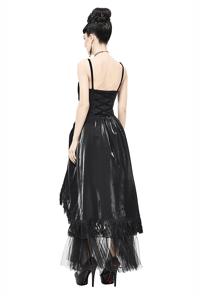 Back view of a women's black Gothic dress with lace splices and long skirt, paired with stylish high heels.