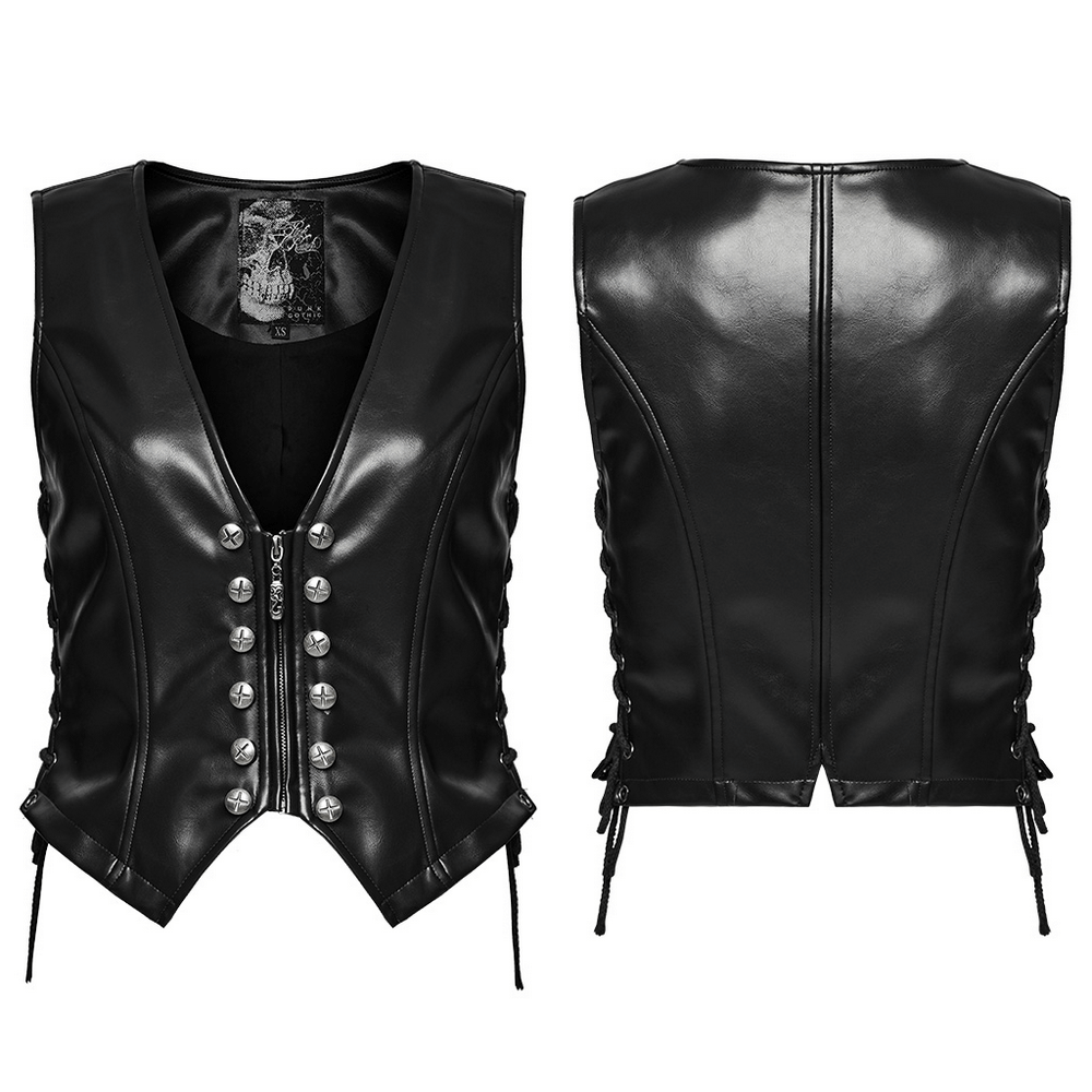 Women's black faux leather punk vest with rivets and bold zipper detail, showcasing an edgy silhouette.
