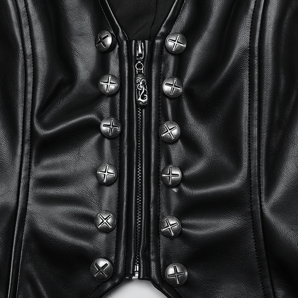 Close-up of women's black faux leather punk vest featuring bold metal zipper and cross rivets detailing.