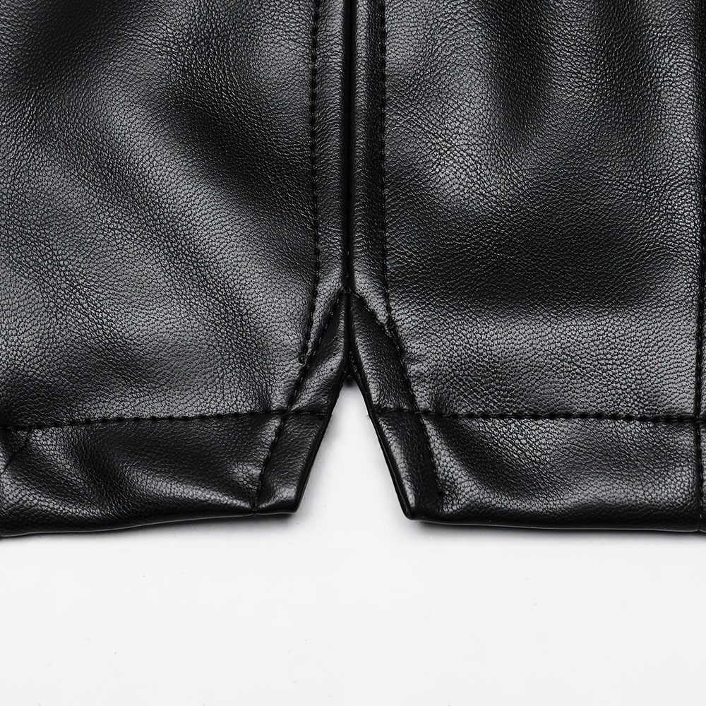 Close-up of the hem detail on a black faux leather punk vest for women, showcasing stitching and texture.