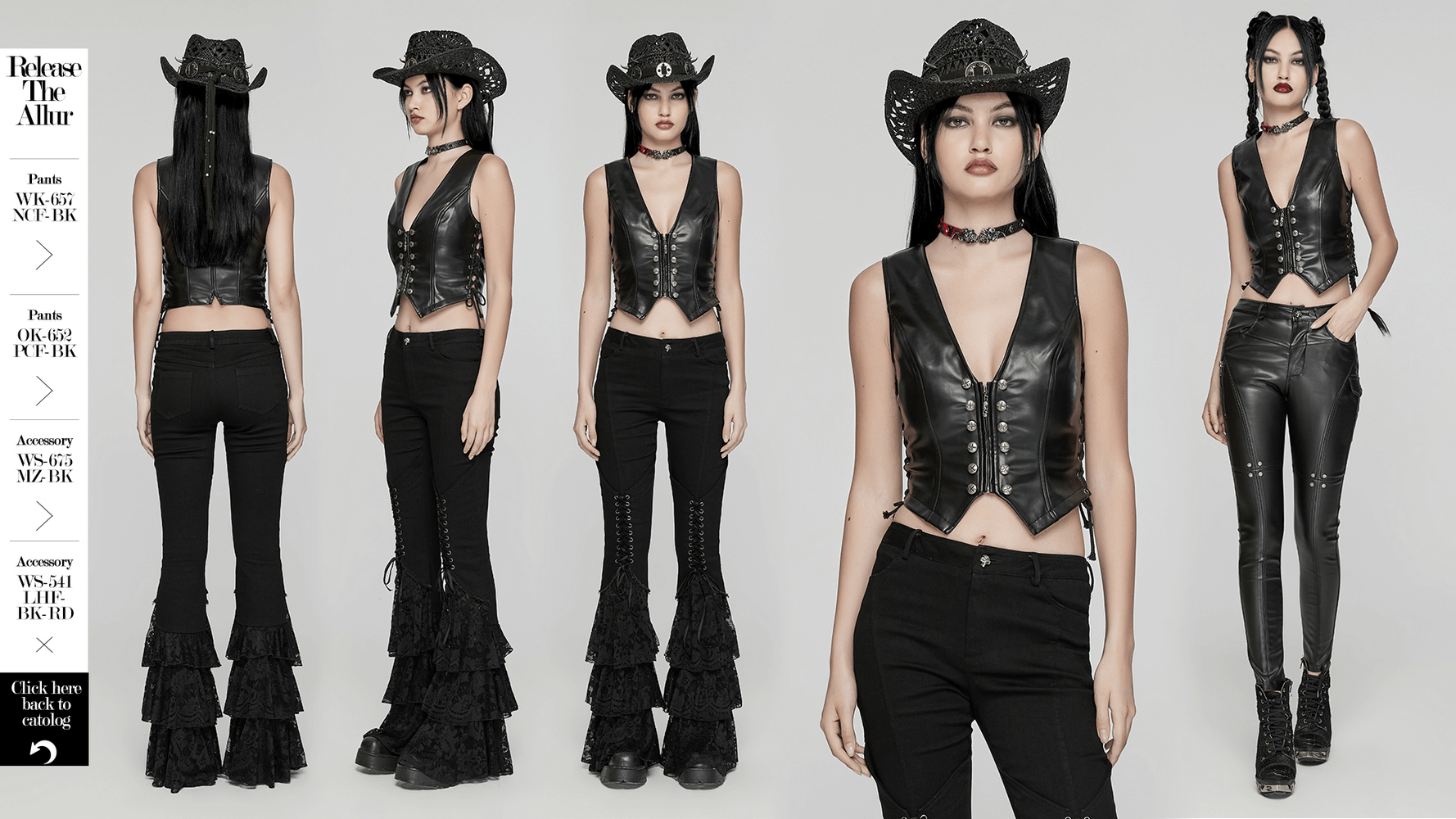 Women's black faux leather punk vest with rivets, showcasing edgy style and unique silhouette.