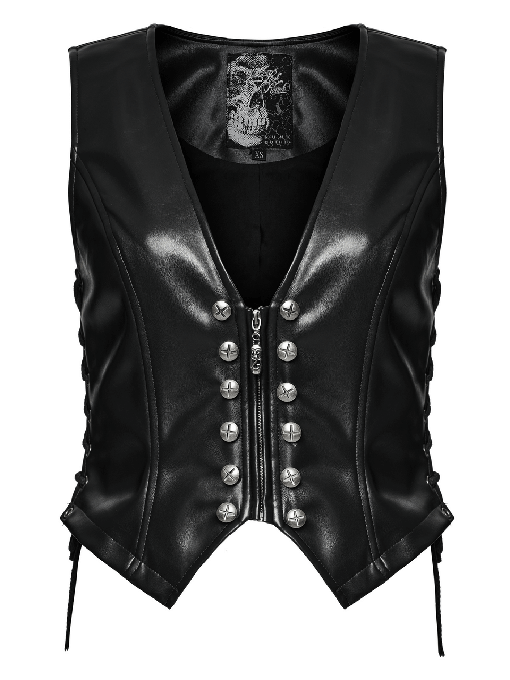 Edgy women's black faux leather punk vest with rivet details and bold zipper, perfect for a bold fashion statement.
