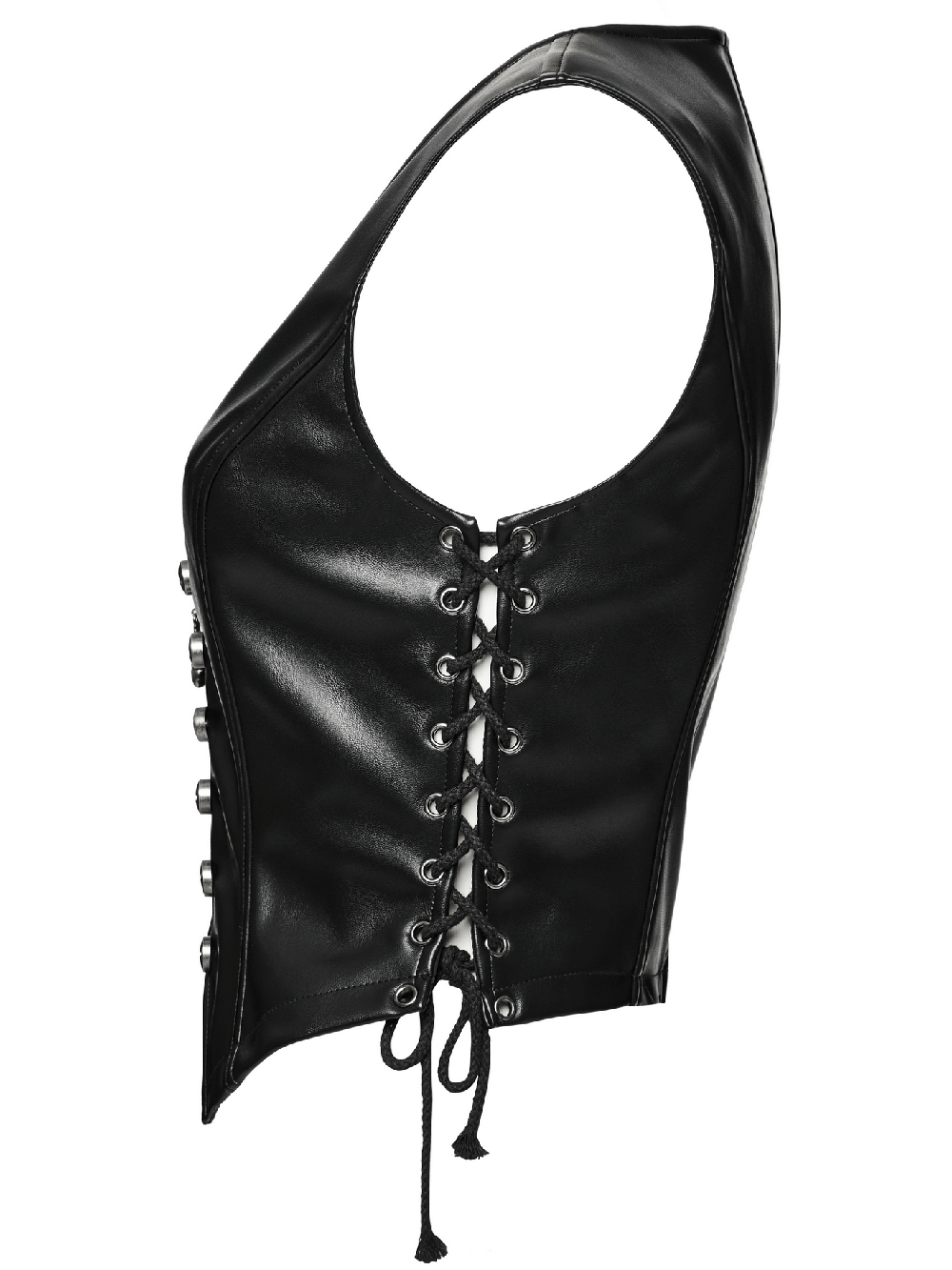 Women's black faux leather punk vest with lace-up detail and edgy design for a statement look.