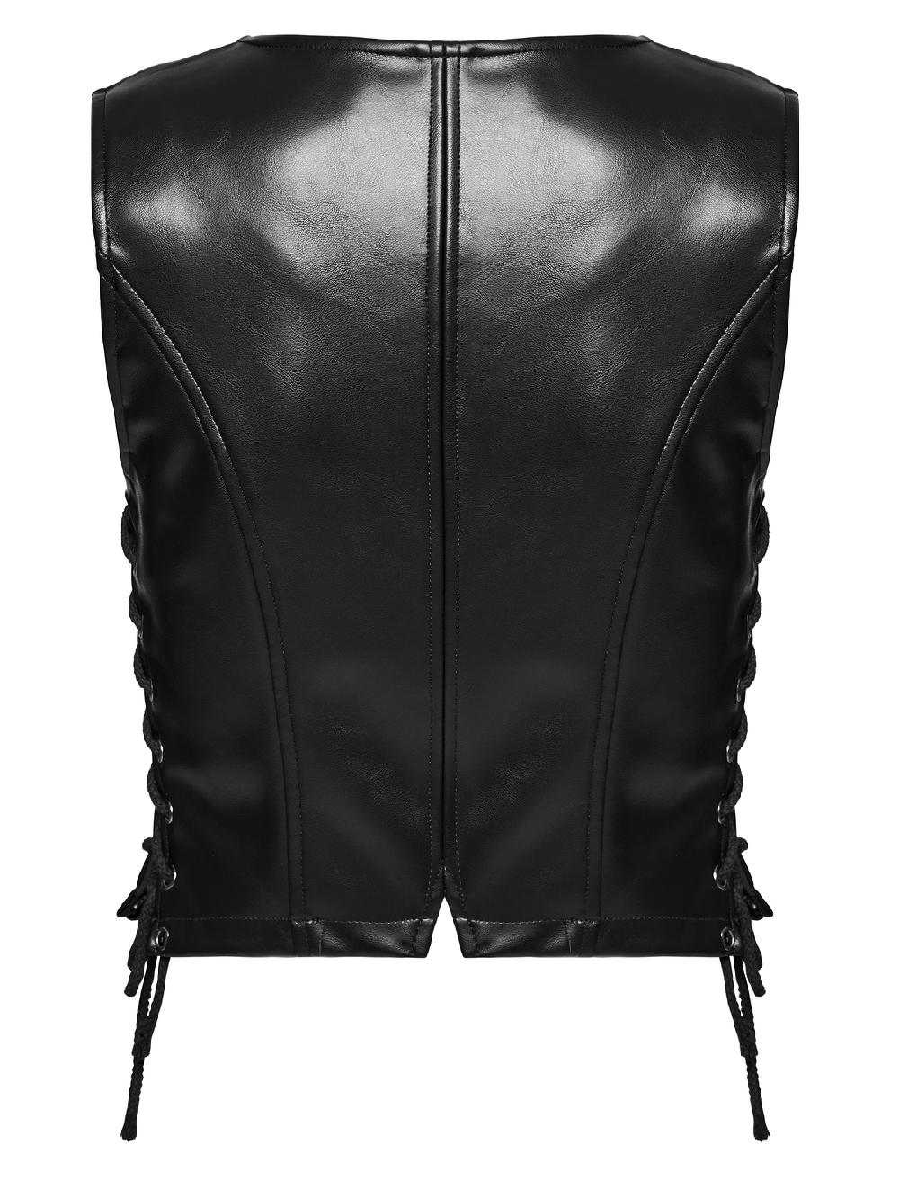 Back view of women's black faux leather punk vest with lace-up sides and sleek design.