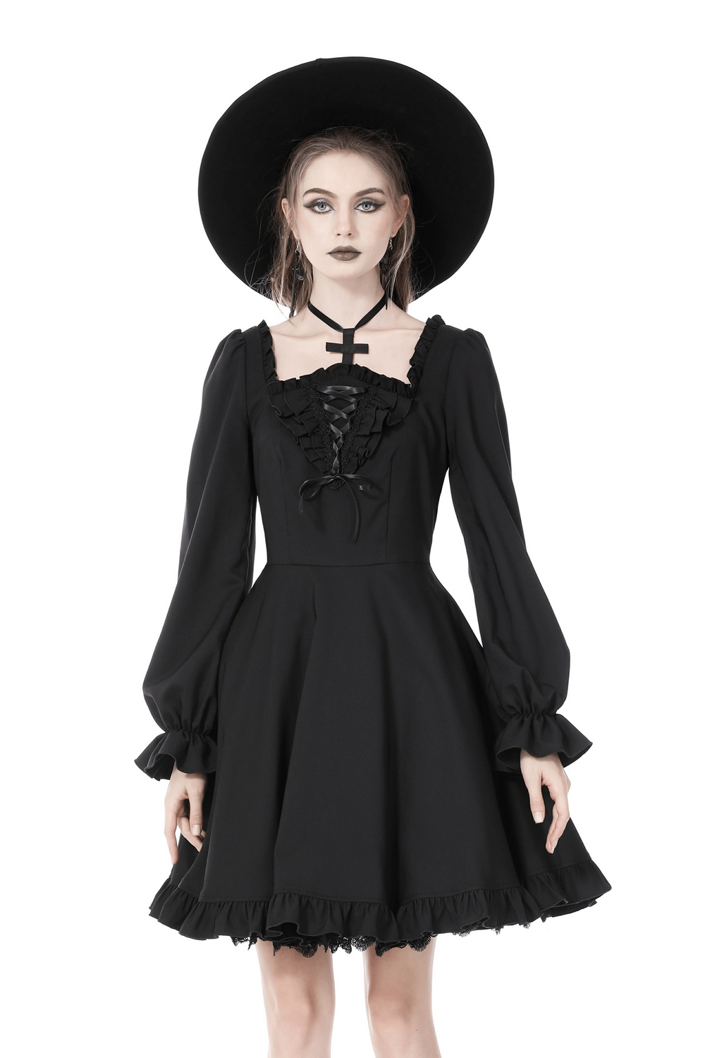 Women's Black Gothic Cross Neck Long Sleeves Dress