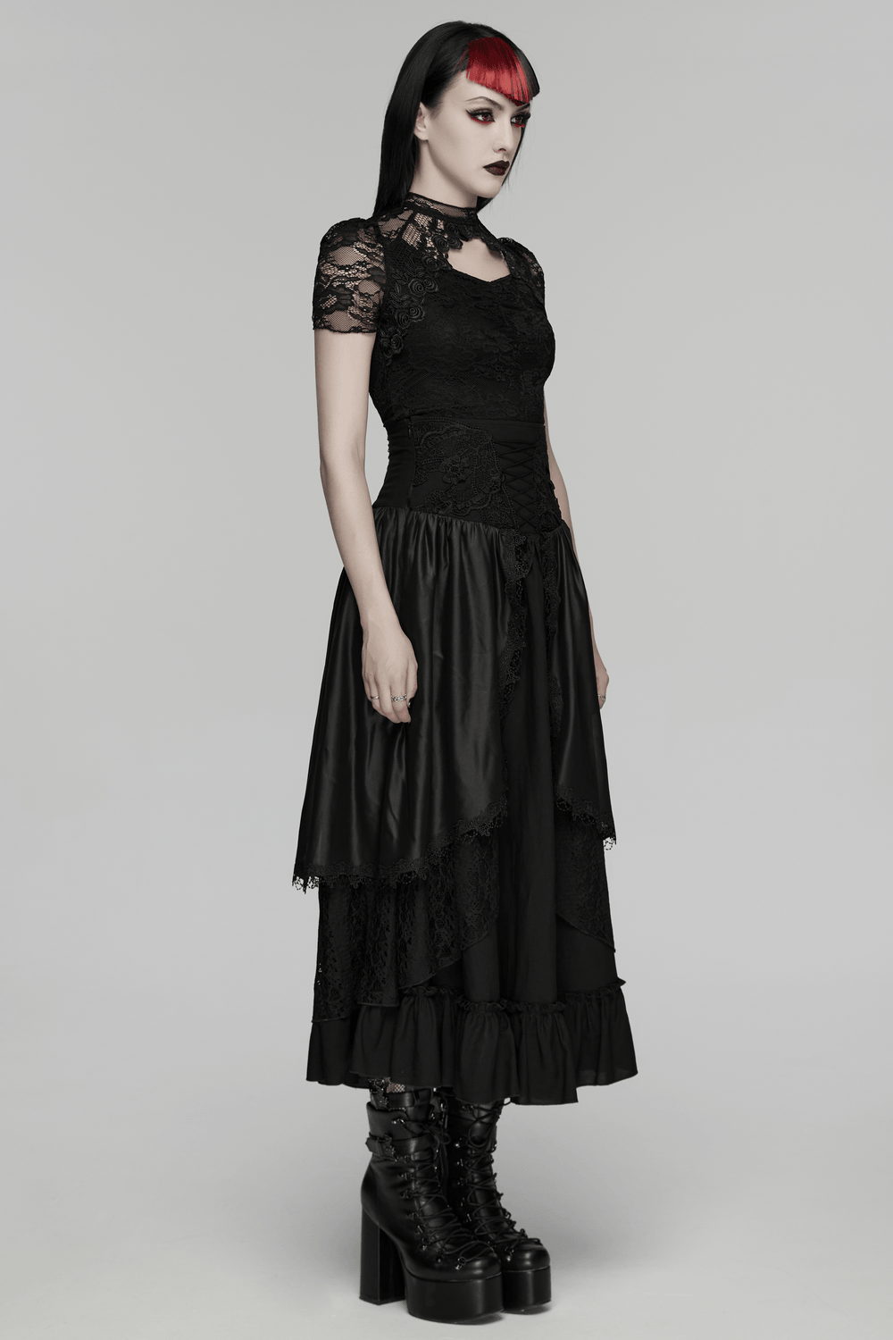 Women's Black Gothic High Waist Layered Maxi Skirt on model, black lace bodice and flowing layered maxi skirt for dark romantic style