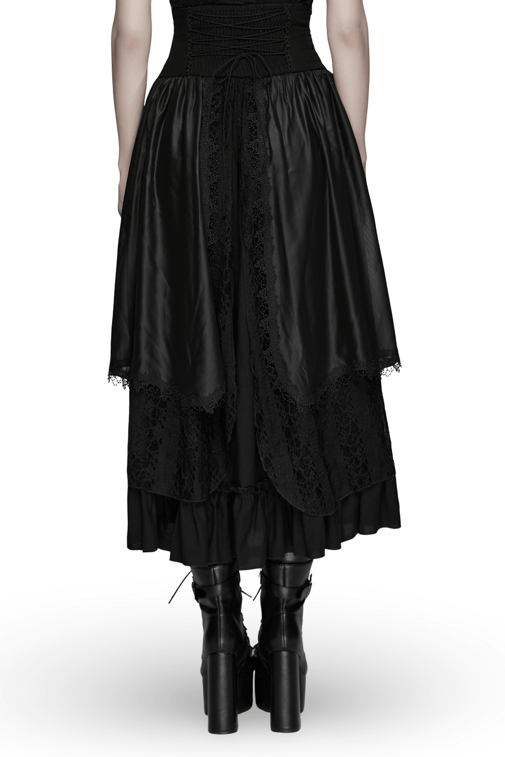 Alt Tag: Women's Black Gothic High Waist Layered Maxi Skirt with lace-trim layered panels and ruffle hem, back view