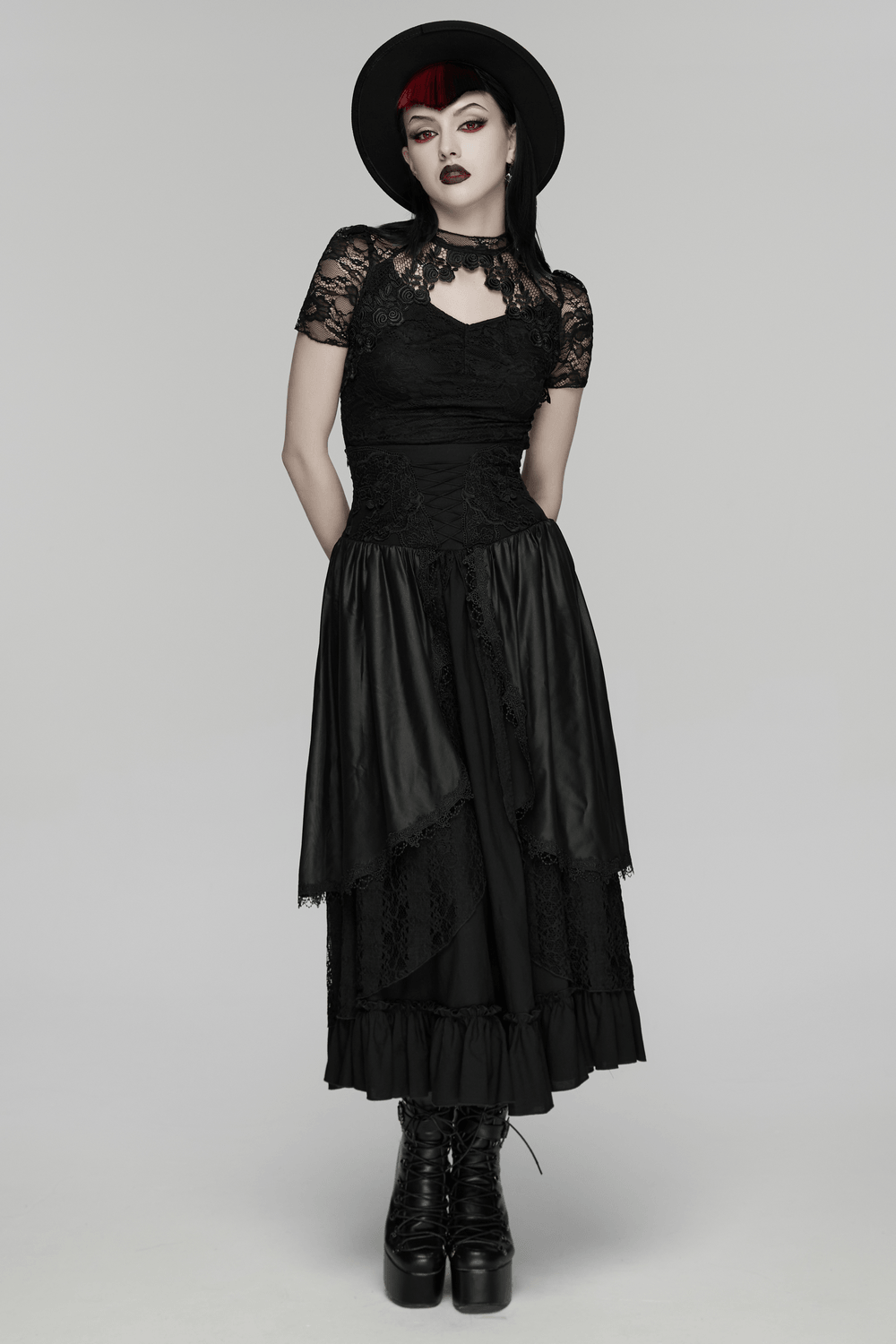 Women's Black Gothic High Waist Layered Maxi Skirt on model with lace top, layered black maxi skirt, ruffle hem and platform boots