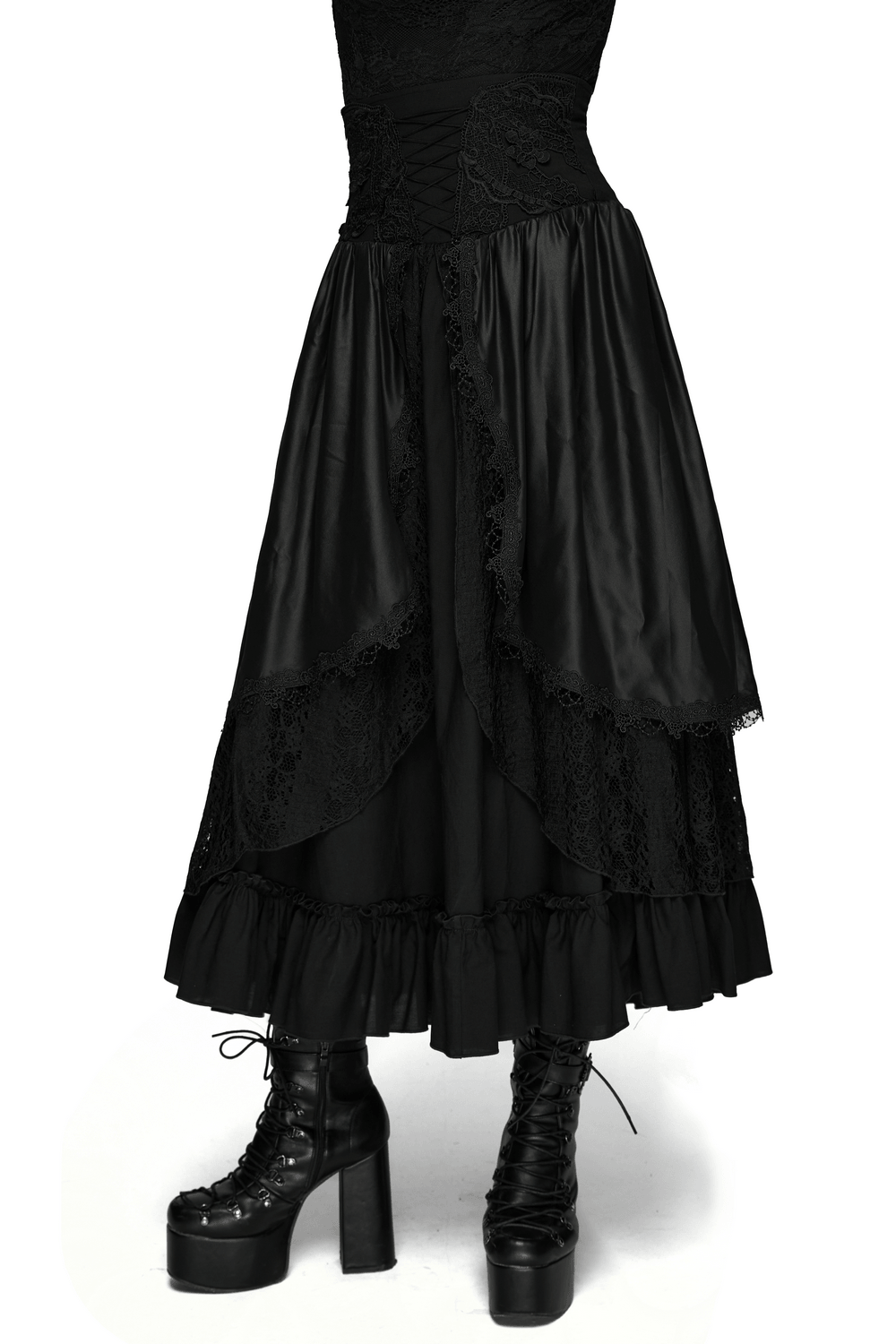 Alt Tag: Women's Black Gothic High Waist Layered Maxi Skirt with lace trim, ruffle tiers, and dark romantic flow