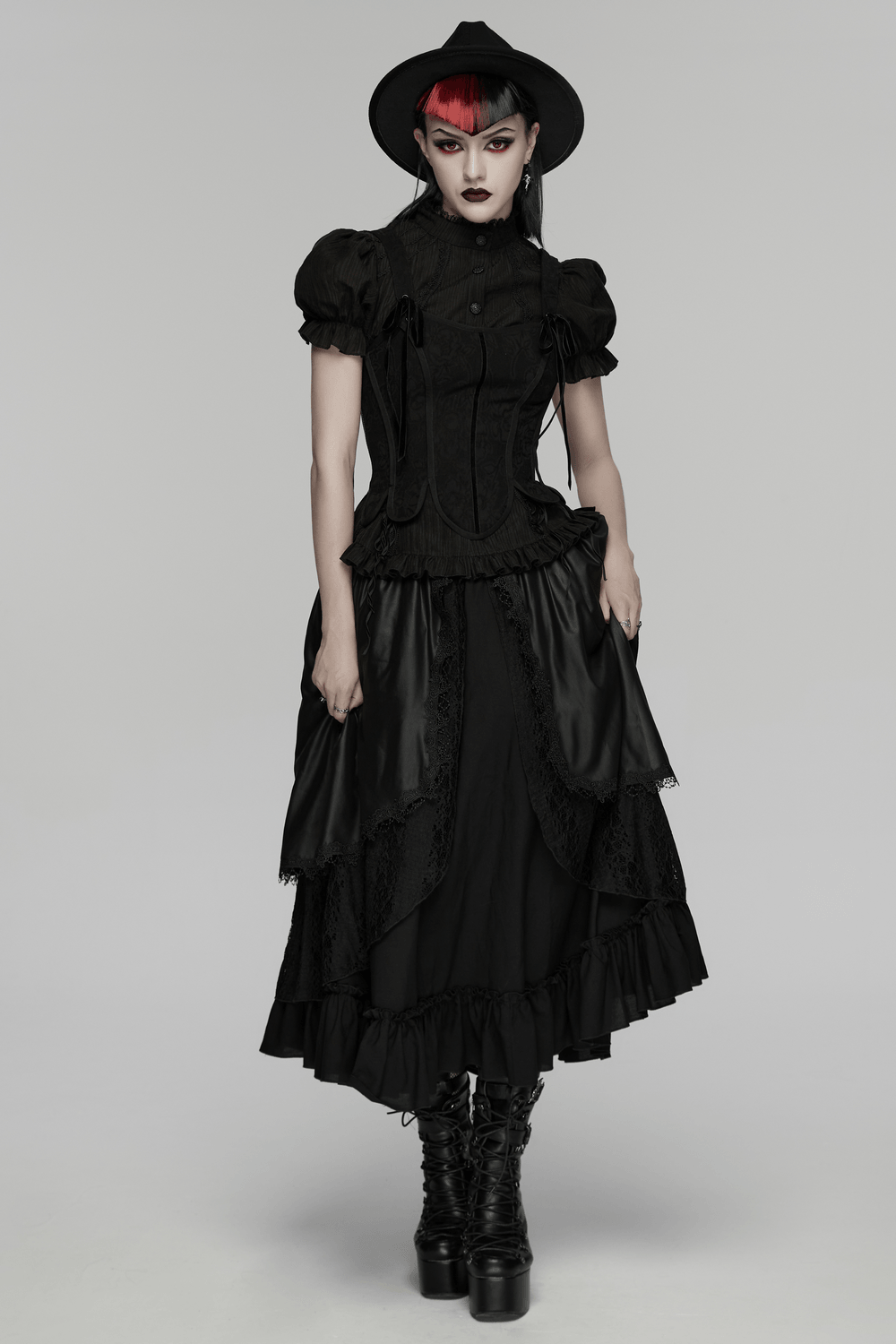 Alt Tag: Women's Black Gothic High Waist Layered Maxi Skirt with lace-trim ruffles and flowing panels, dark romantic goth outfit