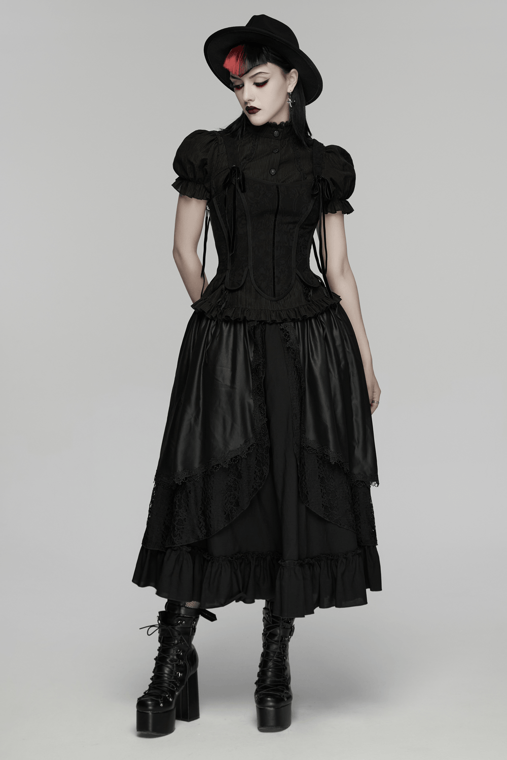 Alt Tag: Women's Black Gothic High Waist Layered Maxi Skirt on model, lace-trim layered black maxi with ruffles and dark romantic vibe