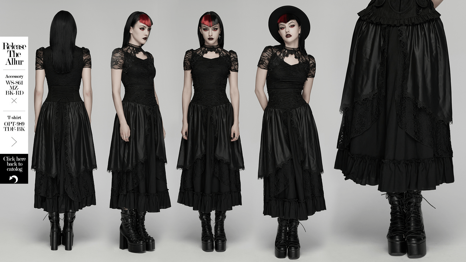 Alt Tag: Women's Black Gothic High Waist Layered Maxi Skirt on model, lace-trim layered chiffon maxi with ruffles, front and back views