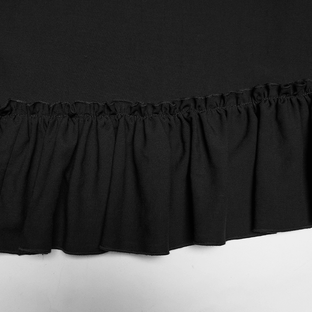 Alt Tag: Women's Black Gothic High Waist Layered Maxi Skirt close-up of black ruffle hem and gathered chiffon layer with lace-trim vibe