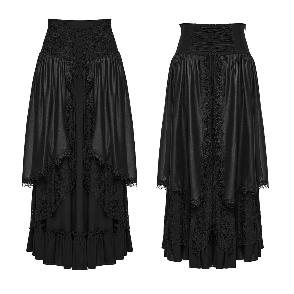 Alt Tag: Women's Black Gothic High Waist Layered Maxi Skirt with lace trim, multi-layer chiffon look, front and back view