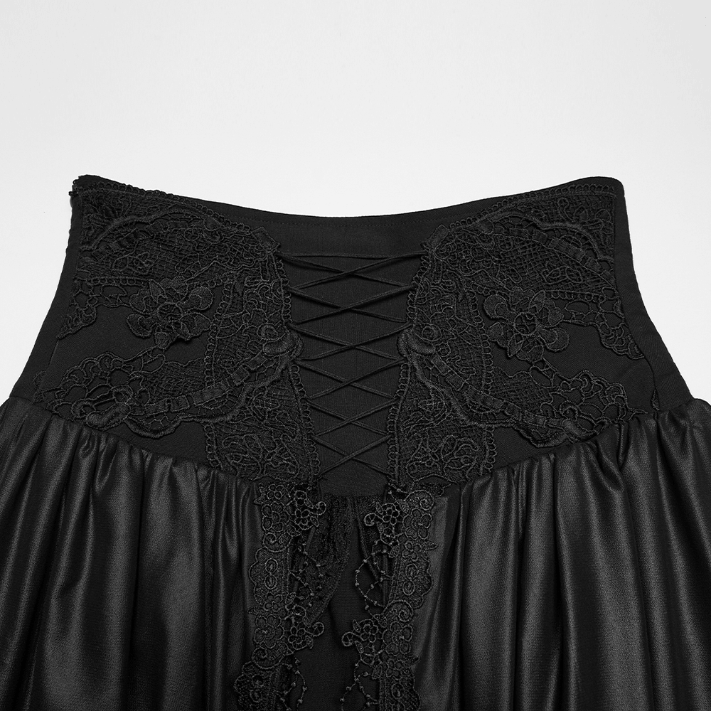 Alt Tag: Women's Black Gothic High Waist Layered Maxi Skirt close-up showing lace-up back waist, ornate lace applique, and ruffled layered fabric