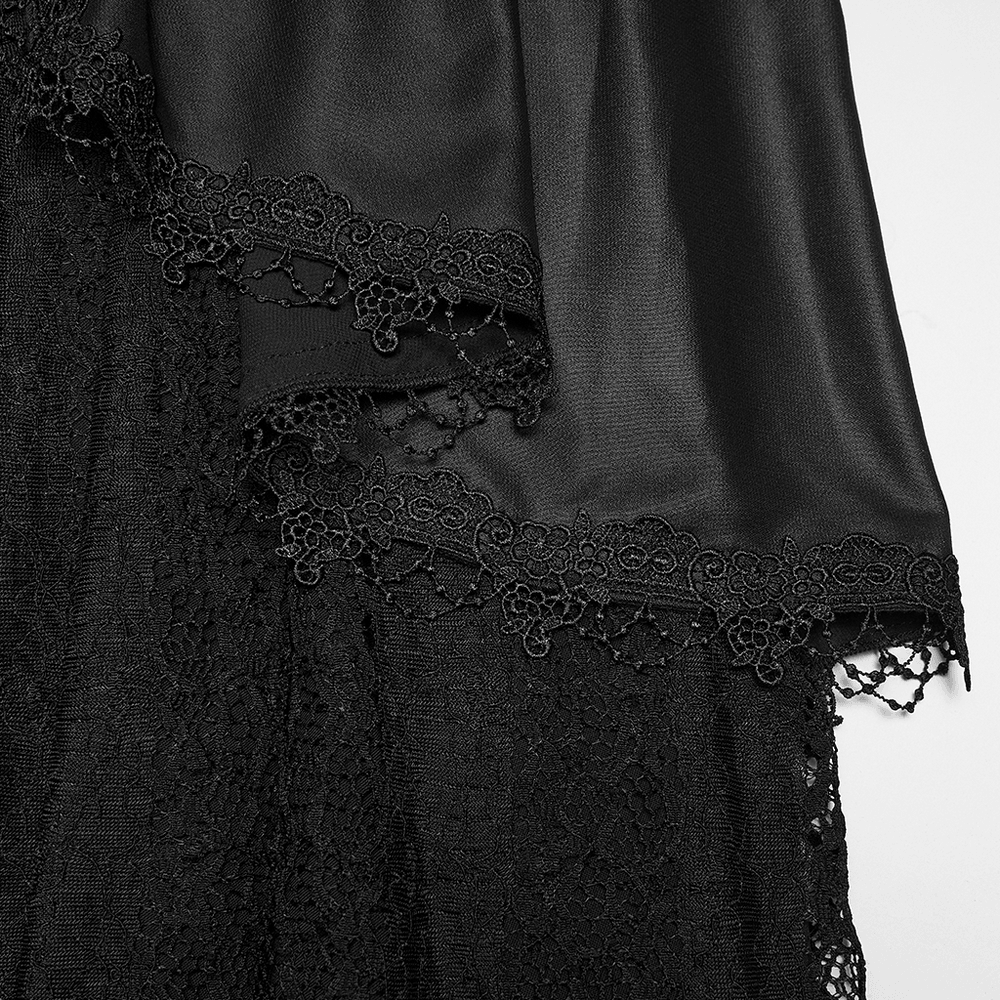 Alt Tag: Women's Black Gothic High Waist Layered Maxi Skirt close-up, black lace trim and layered chiffon panels with ruffle detail