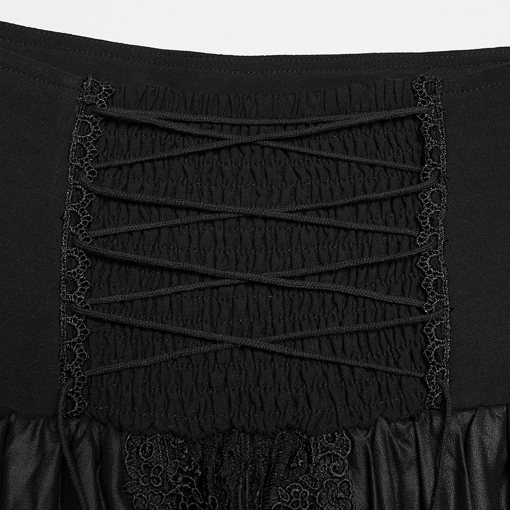 Alt Tag: Women's Black Gothic High Waist Layered Maxi Skirt back waist lace-up corset detail with lace trim and ruching