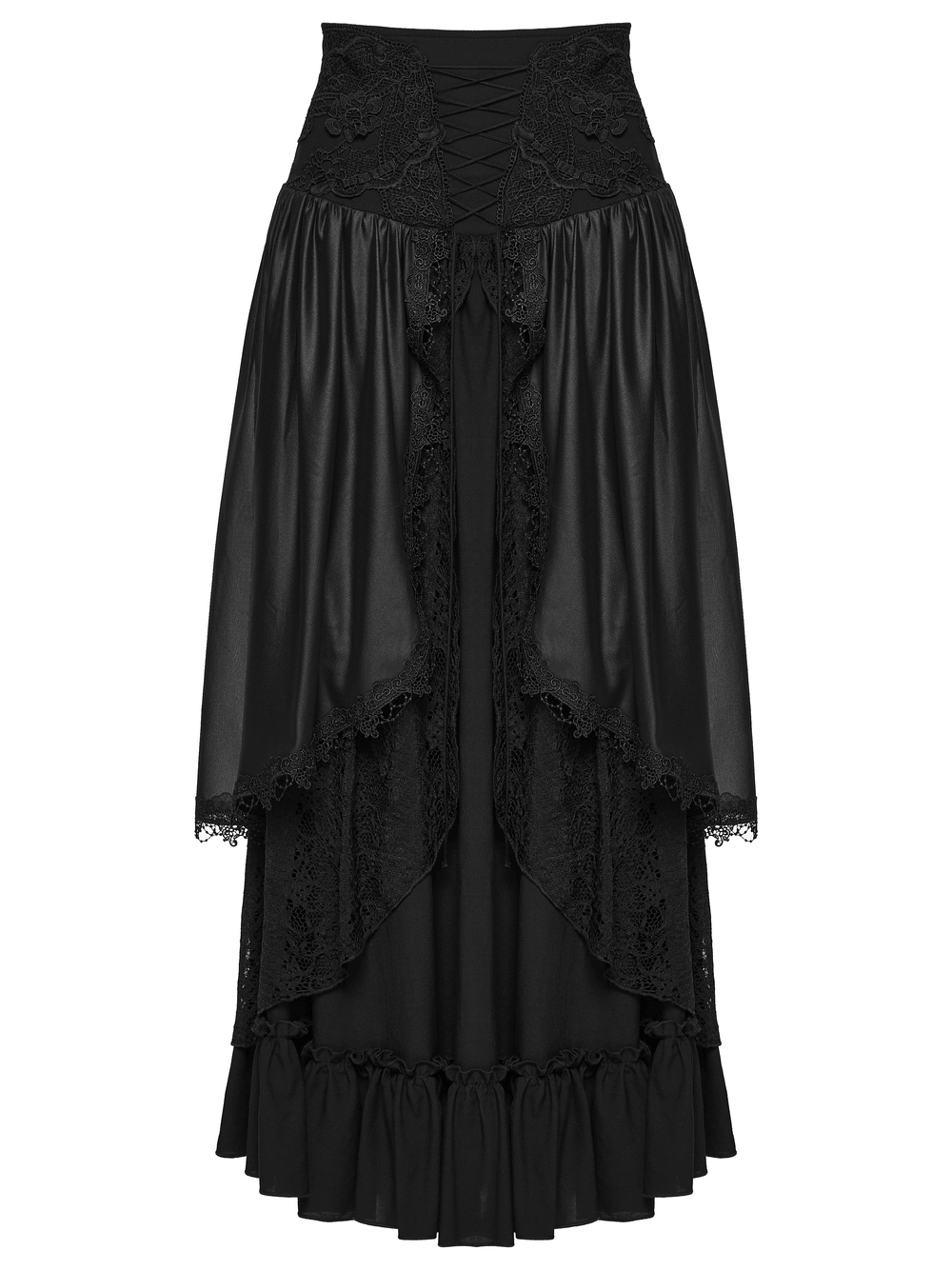 Alt Tag: Women's Black Gothic High Waist Layered Maxi Skirt with lace trim, corset waist, and flowing layered chiffon-look panels