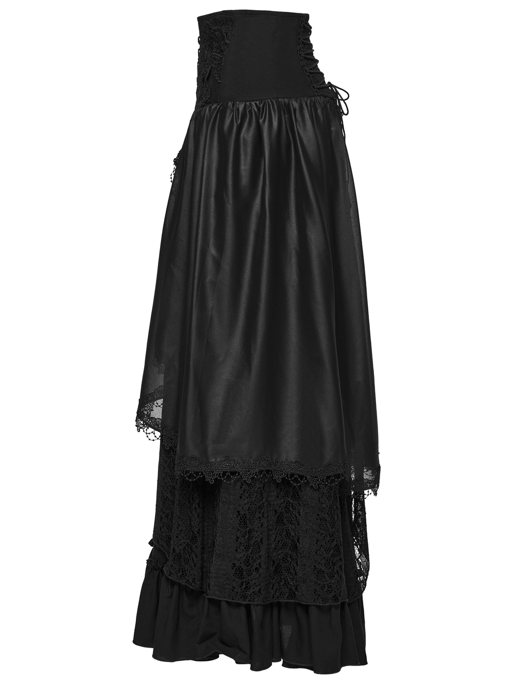 Alt Tag: Women's Black Gothic High Waist Layered Maxi Skirt with lace-trim layered black satin look, ruffled hem and corset-style waist