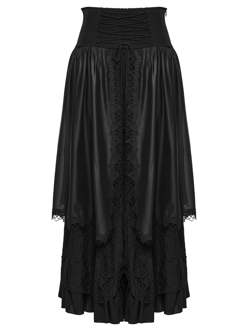 Alt Tag: Women's Black Gothic High Waist Layered Maxi Skirt with lace-trim layered chiffon panels, ruffle accents, and corset-style back waist