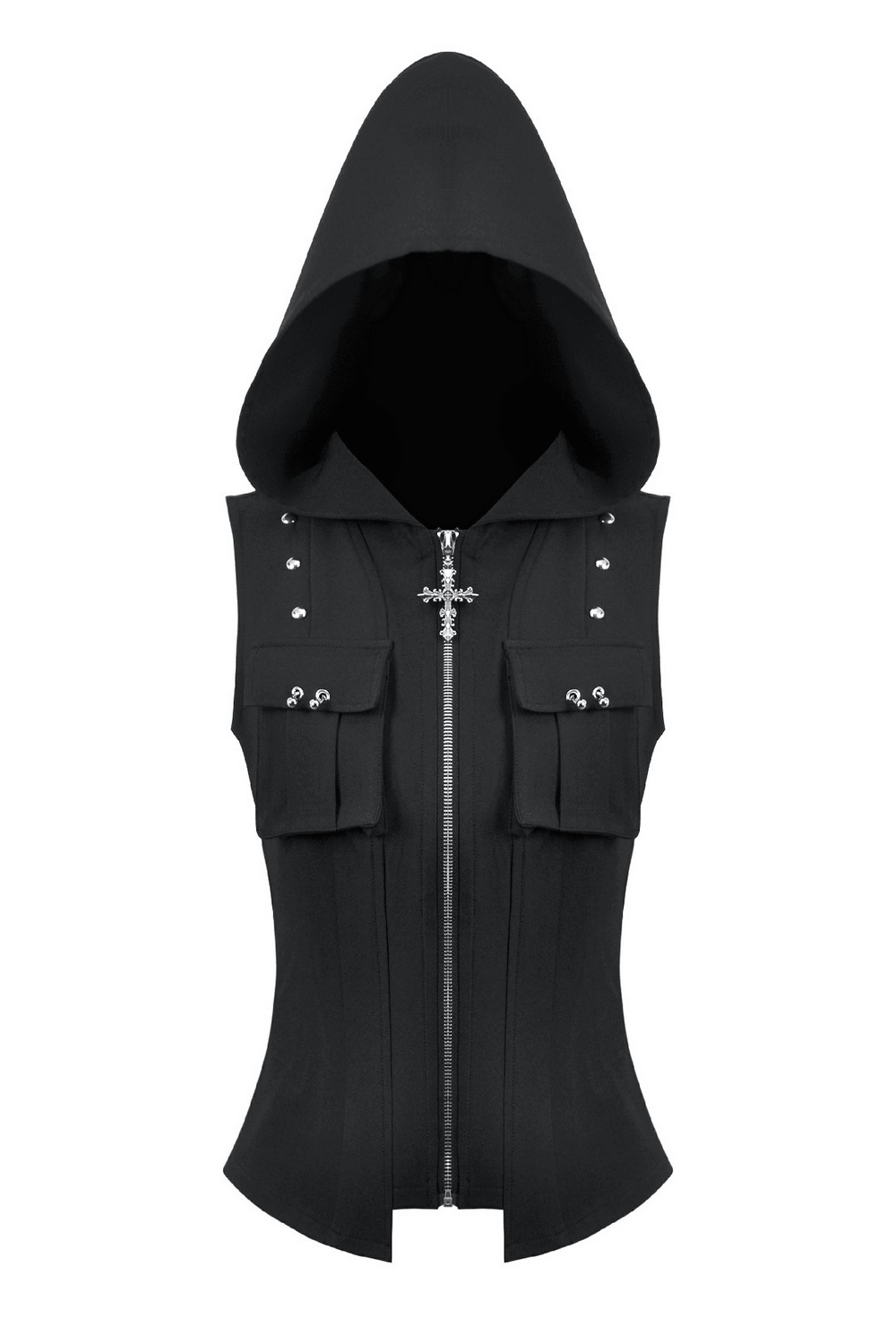 Women's Black Gothic Hooded Zip Top with Cross Pulls, sleeveless punk utility vest with cargo pockets and silver accents.