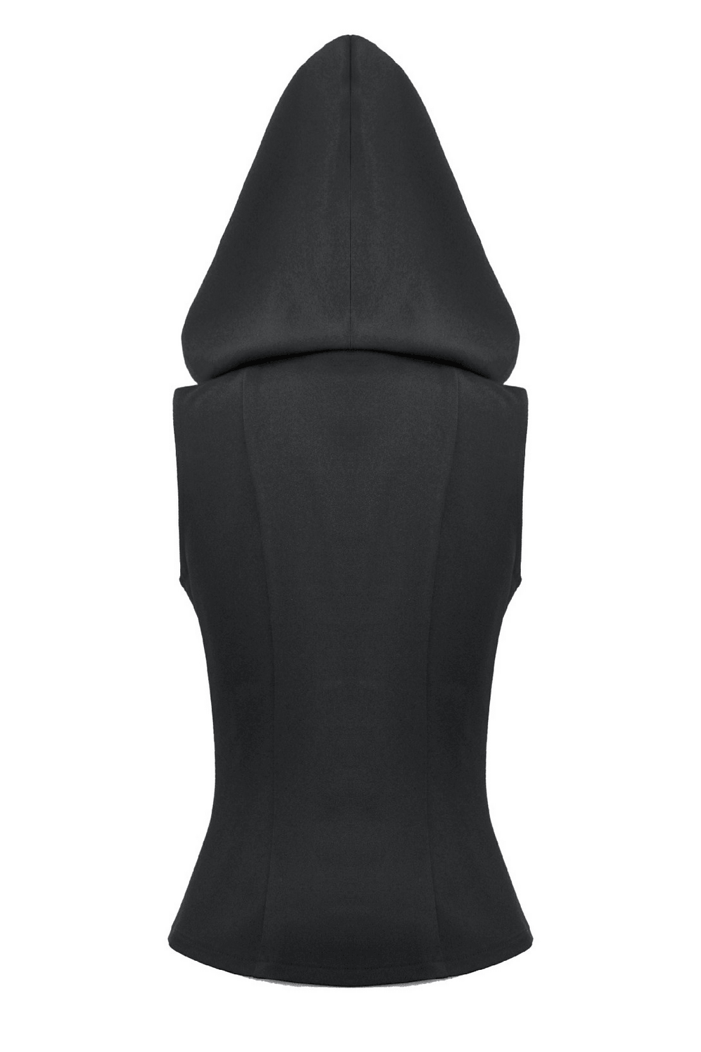 Women's Black Gothic Hooded Zip Top with Cross Pulls, back view showing sleek sleeveless design and fitted waist.