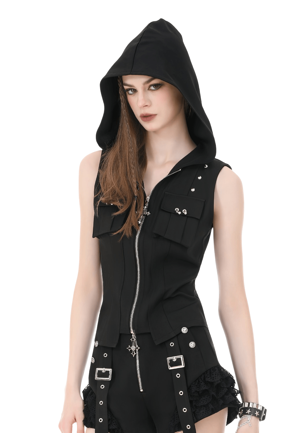Women's Black Gothic Hooded Zip Top with Cross Pulls, sleeveless punk utility vest with cargo pockets and zipper.