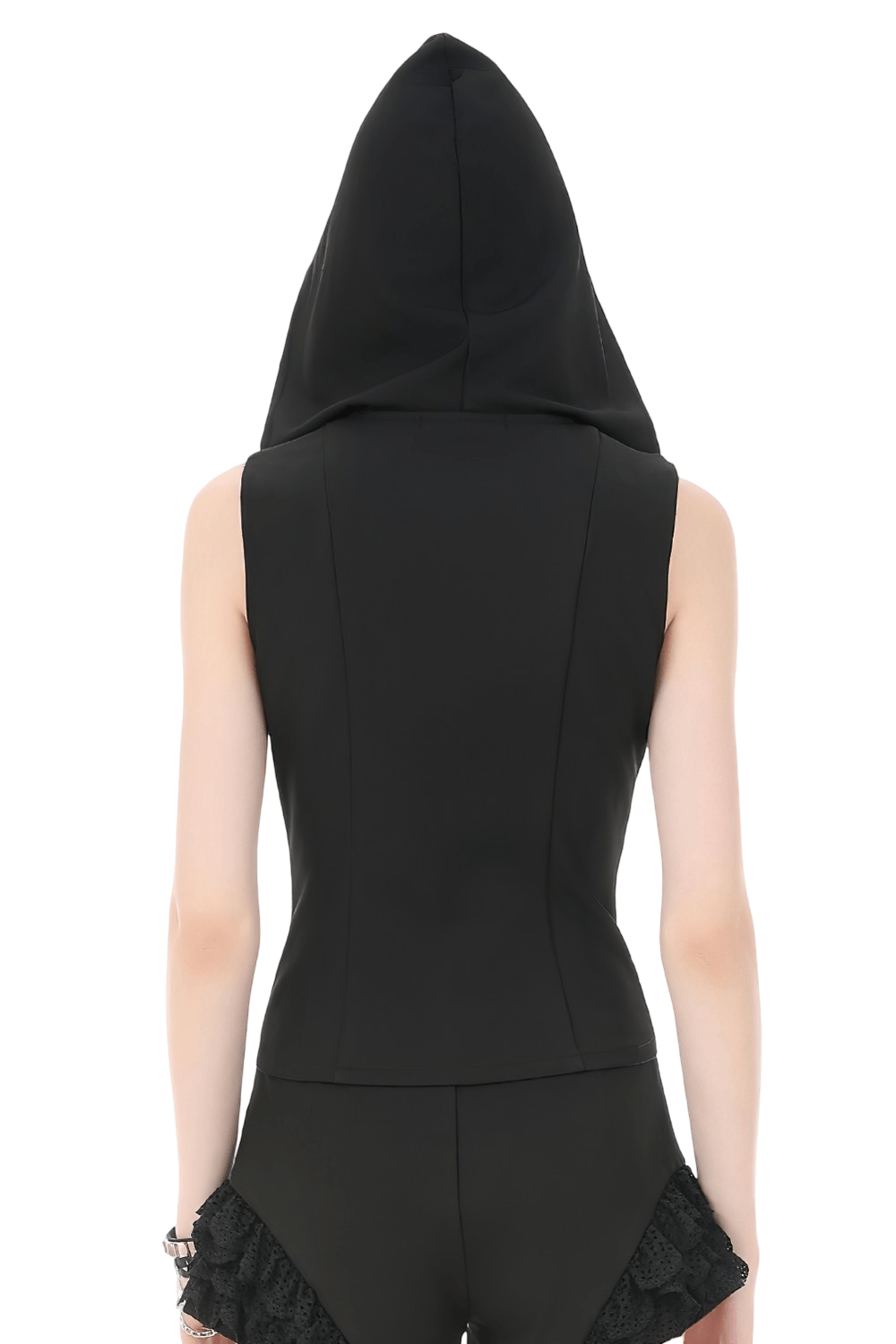Women's Black Gothic Hooded Zip Top with Cross Pulls - back view showing hood and sleek design.