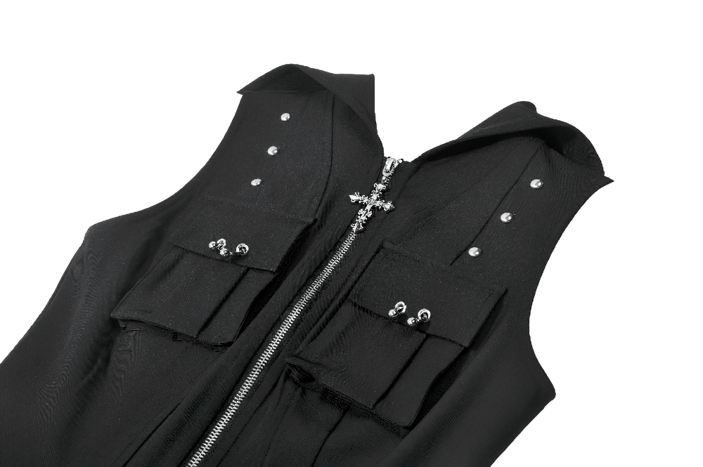 Women's Black Gothic Hooded Zip Top with Cross Pulls featuring cargo pockets and silver accents.