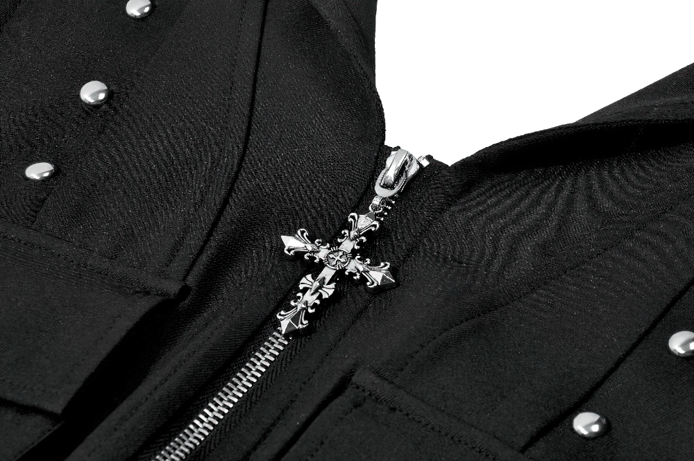 Women's Black Gothic Hooded Zip Top with Cross Pulls featuring silver cross pulls and stud accents.