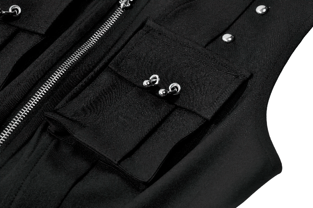 Women's Black Gothic Hooded Zip Top with Cross Pulls showing zipper and cargo pocket details.