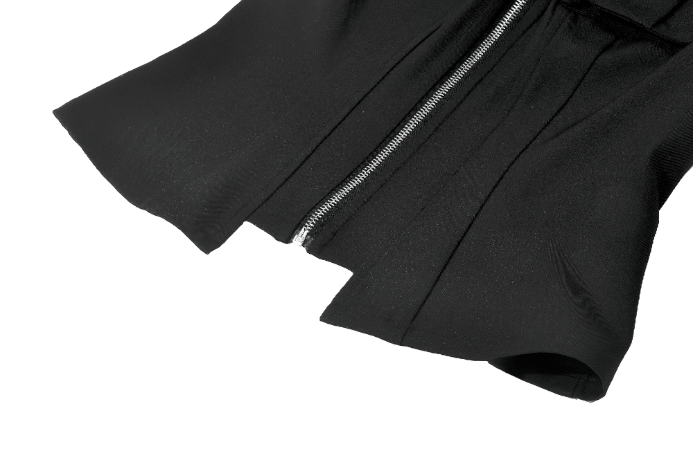 Women's Black Gothic Hooded Zip Top with Cross Pulls  - sleeveless punk utility vest with zipper and structured design.