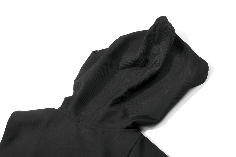 Women's Black Gothic Hooded Zip Top with Cross Pulls - close-up of the hood detailing.