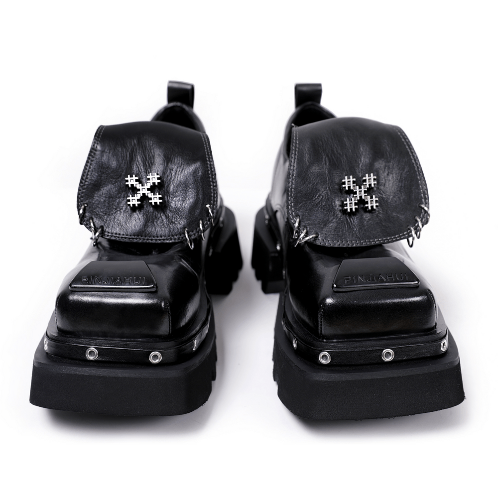 Women's Black Gothic Platform Derby Shoes with Rings