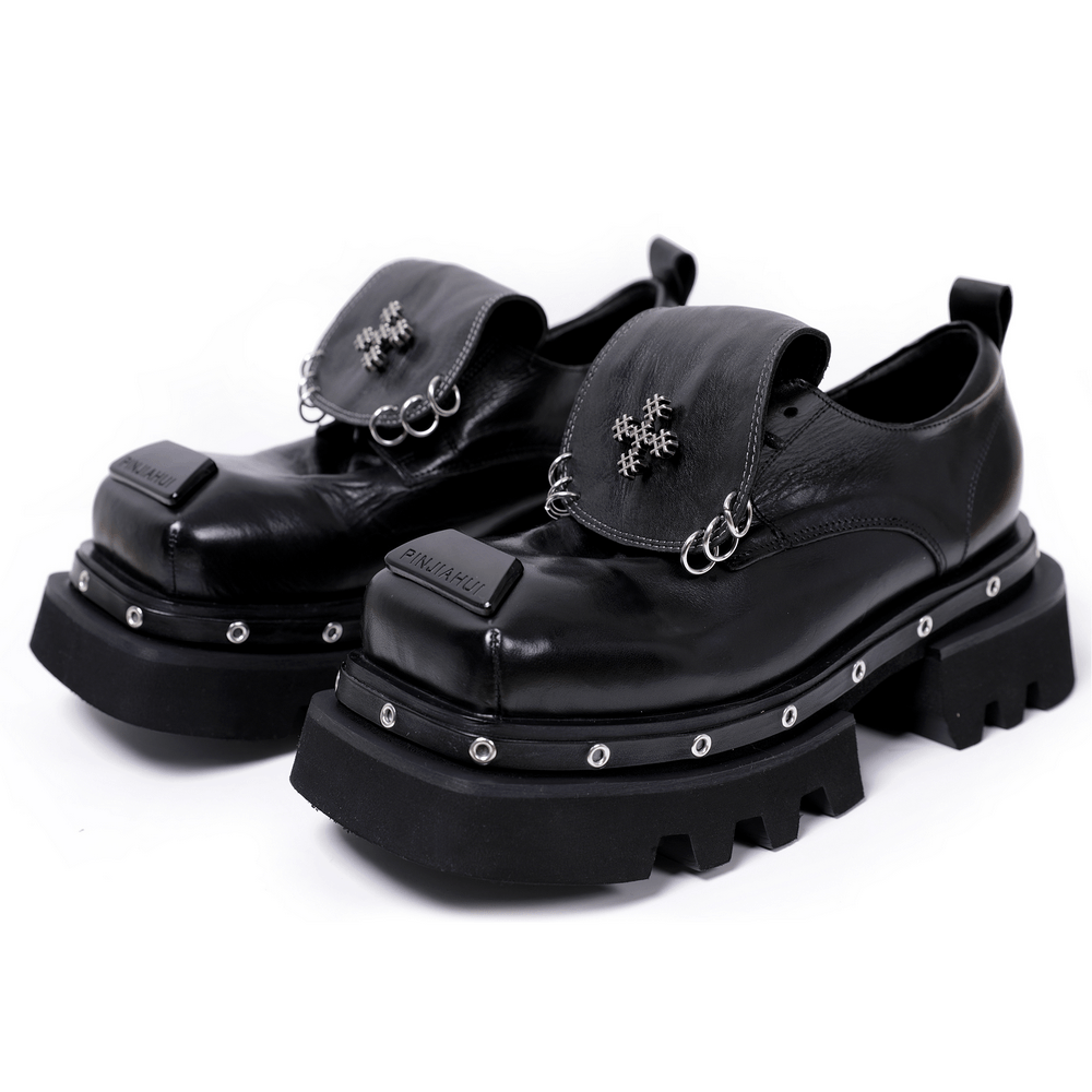Women's Black Gothic Platform Derby Shoes with Rings