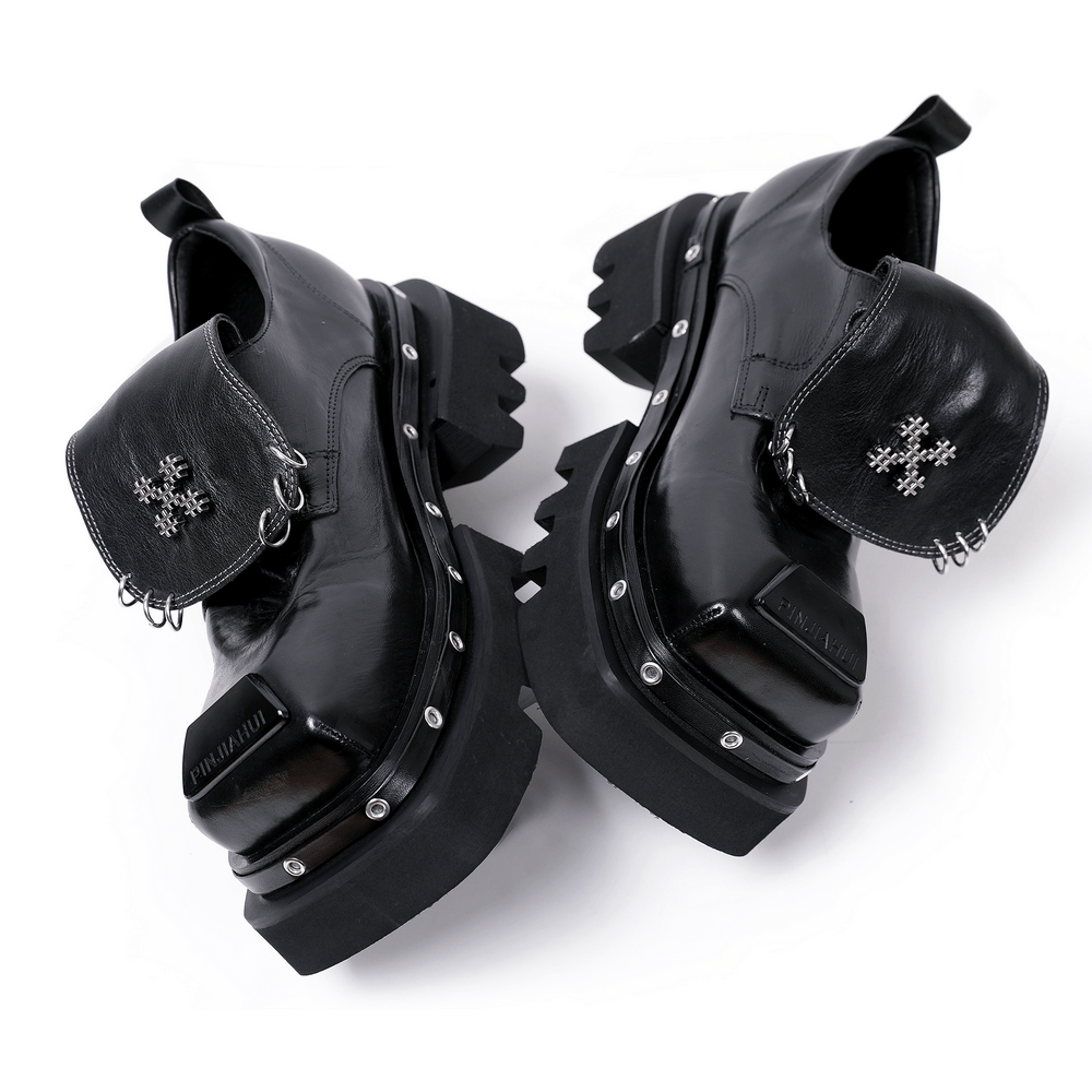 Women's Black Gothic Platform Derby Shoes with Rings