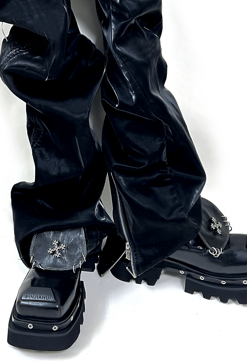 Women's Black Gothic Platform Derby Shoes with Rings