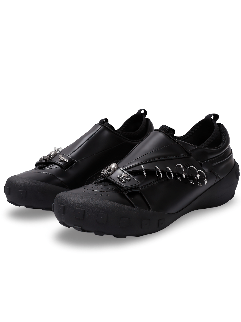 Women's Black Gothic Slip-On Shoes with Skull Accents black platform loafers with metal rings and chunky lug soles