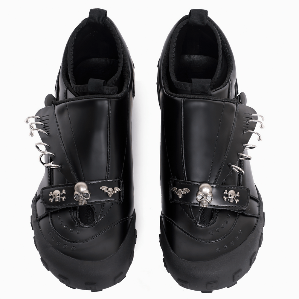 Women's Black Gothic Slip-On Shoes with Skull Accents black platform loafers with silver skull ornaments and metal ring piercing